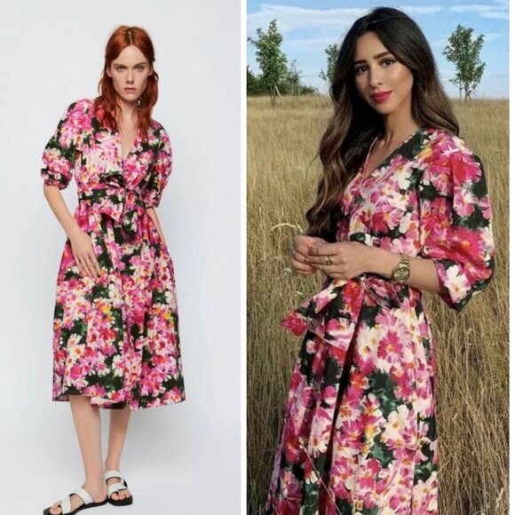 ZARA Pink Floral Print Midi Belted Dress - M - Picture 1 of 15